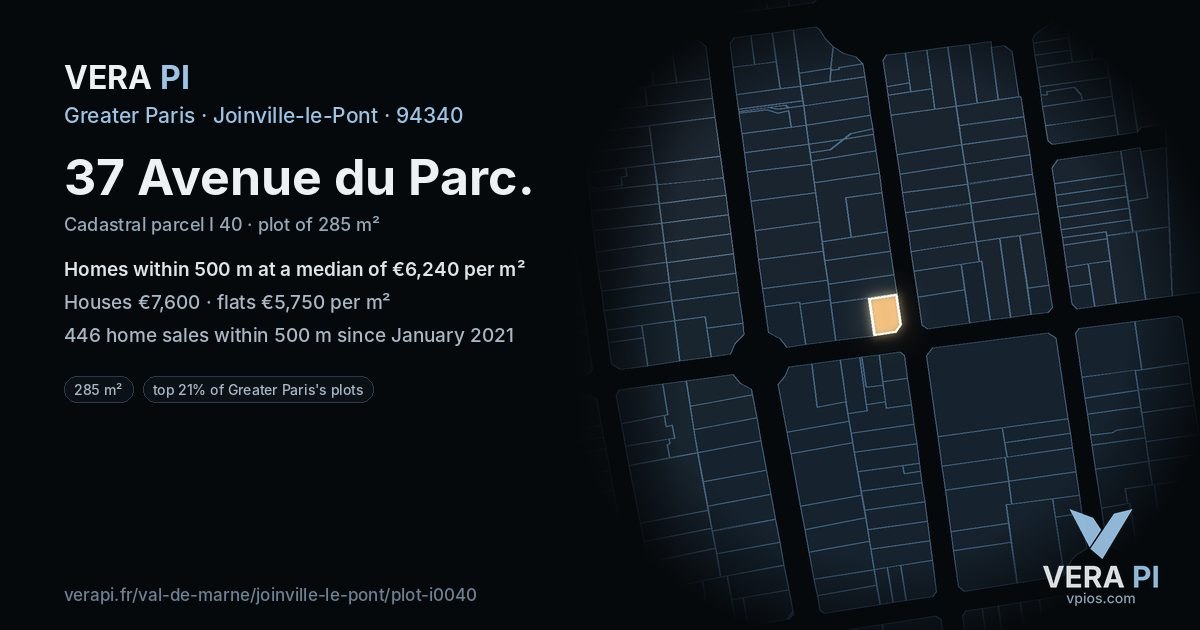 37 Avenue du Parc, Joinville-le-Pont at night – the plot lit, the parcels around coloured by the prices near them