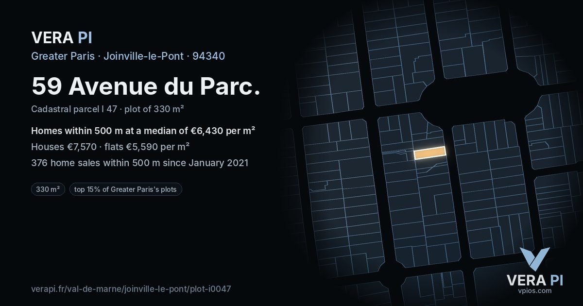 59 Avenue du Parc, Joinville-le-Pont at night – the plot lit, the parcels around coloured by the prices near them