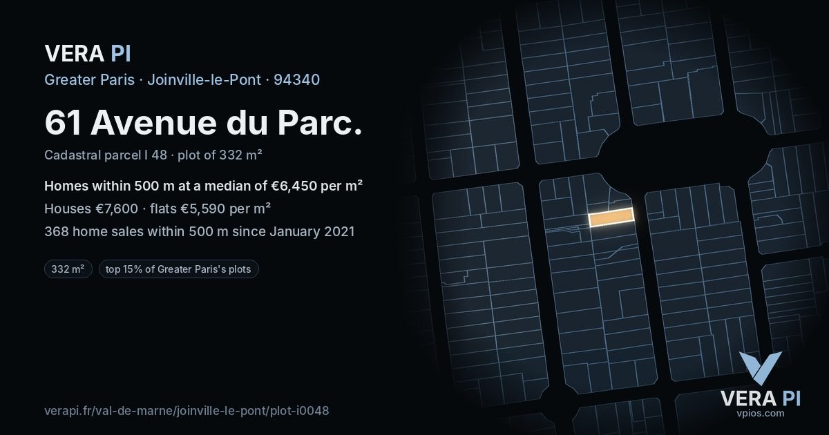61 Avenue du Parc, Joinville-le-Pont at night – the plot lit, the parcels around coloured by the prices near them