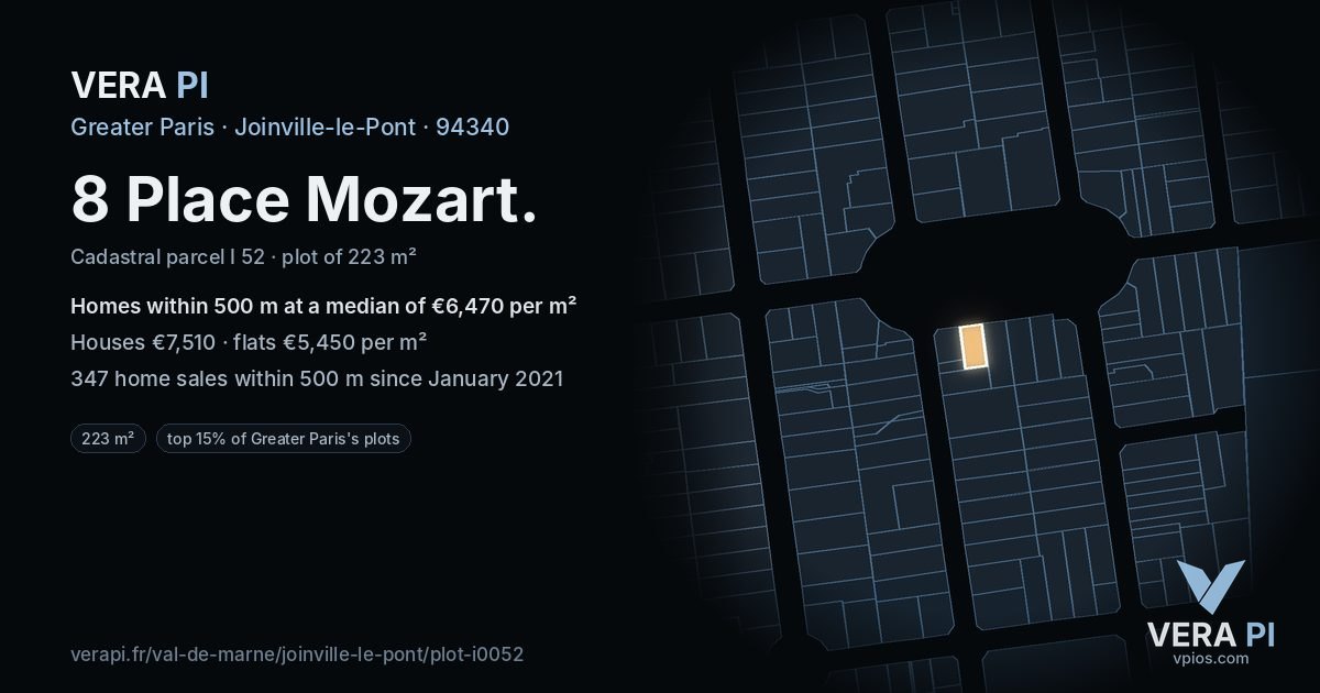 8 Place Mozart, Joinville-le-Pont at night – the plot lit, the parcels around coloured by the prices near them