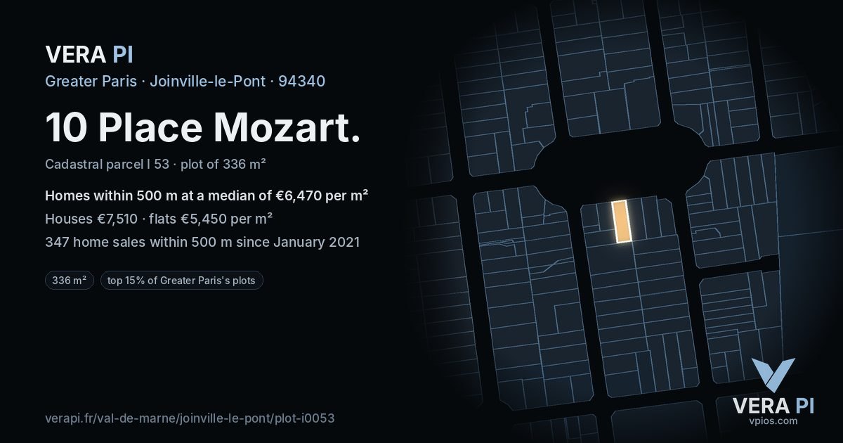 10 Place Mozart, Joinville-le-Pont at night – the plot lit, the parcels around coloured by the prices near them