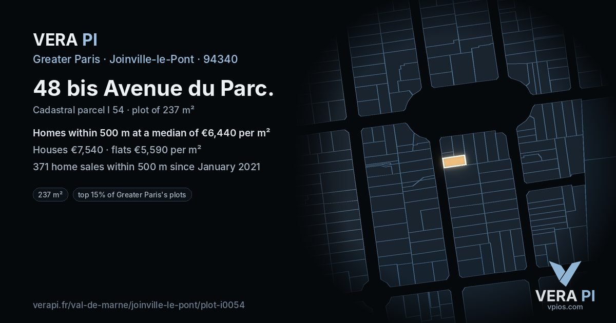 48 bis Avenue du Parc, Joinville-le-Pont at night – the plot lit, the parcels around coloured by the prices near them