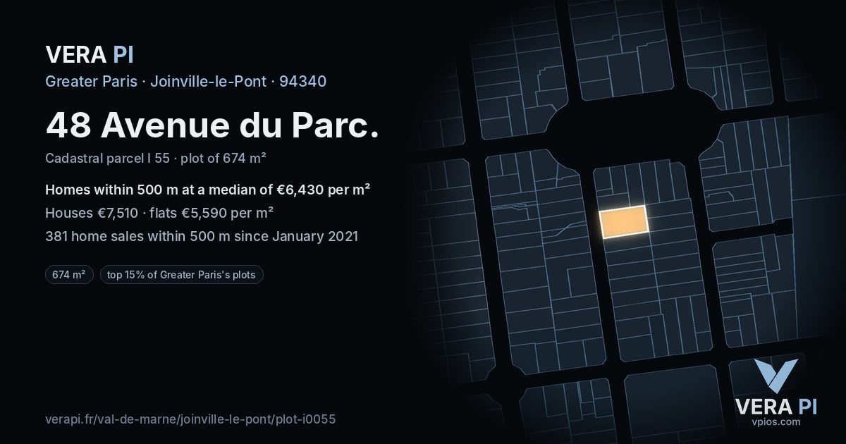 48 Avenue du Parc, Joinville-le-Pont at night – the plot lit, the parcels around coloured by the prices near them