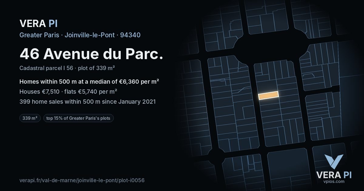 46 Avenue du Parc, Joinville-le-Pont at night – the plot lit, the parcels around coloured by the prices near them