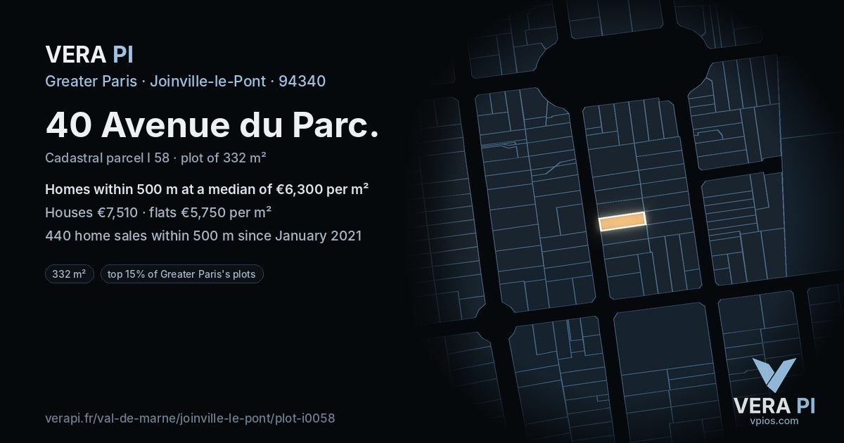 40 Avenue du Parc, Joinville-le-Pont at night – the plot lit, the parcels around coloured by the prices near them