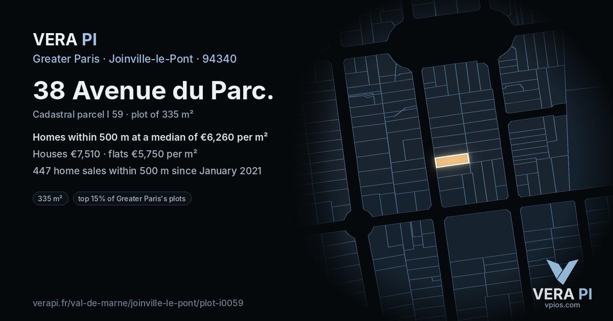 38 Avenue du Parc, Joinville-le-Pont at night – the plot lit, the parcels around coloured by the prices near them