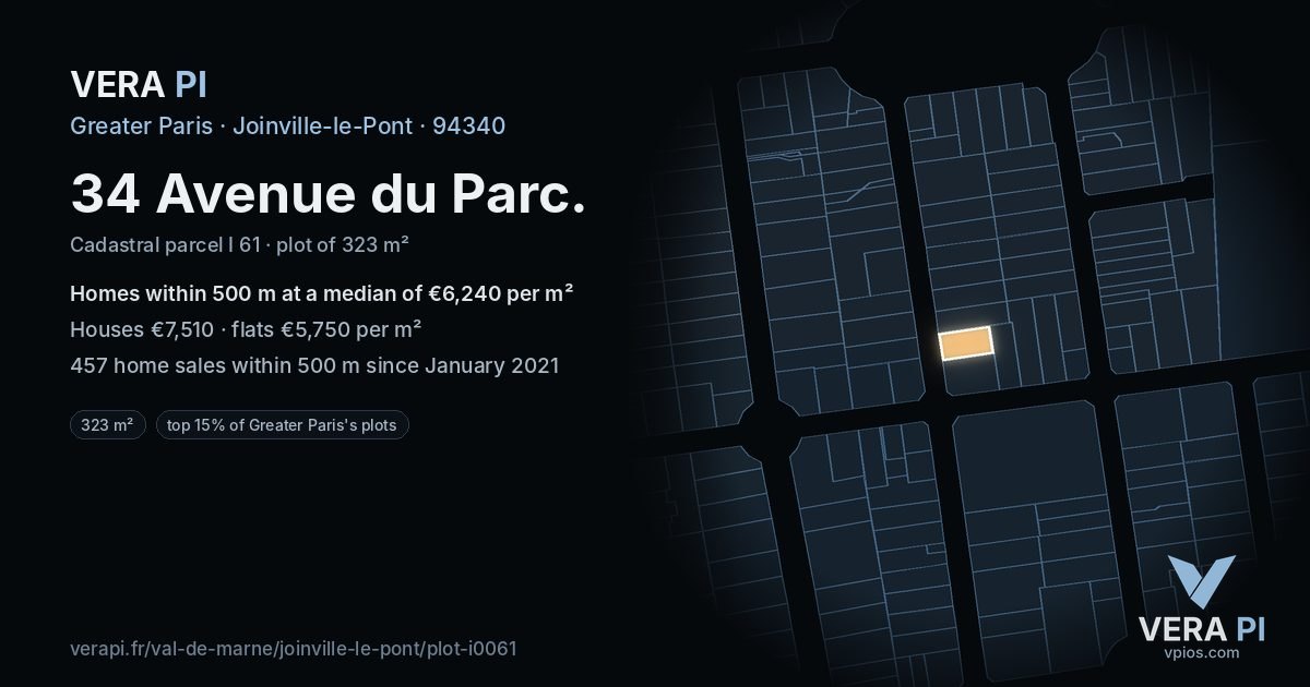 34 Avenue du Parc, Joinville-le-Pont at night – the plot lit, the parcels around coloured by the prices near them