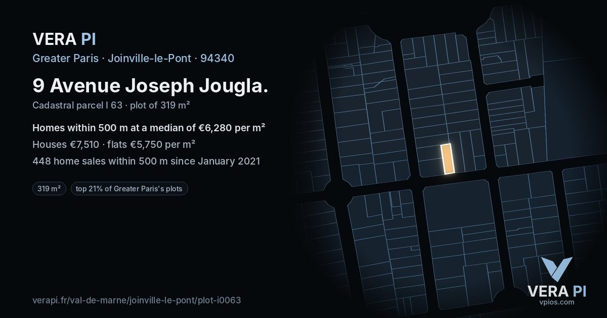 9 Avenue Joseph Jougla, Joinville-le-Pont at night – the plot lit, the parcels around coloured by the prices near them