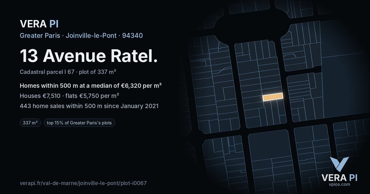 13 Avenue Ratel, Joinville-le-Pont at night – the plot lit, the parcels around coloured by the prices near them