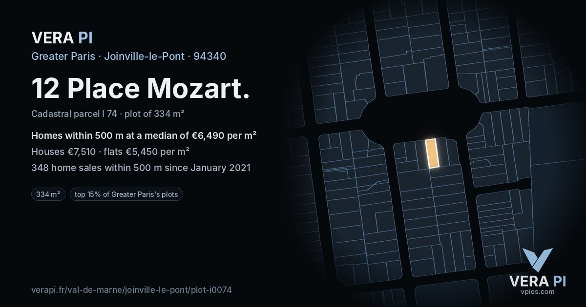 12 Place Mozart, Joinville-le-Pont at night – the plot lit, the parcels around coloured by the prices near them