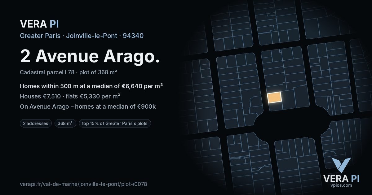 2 Avenue Arago, Joinville-le-Pont at night – the plot lit, the parcels around coloured by the prices near them