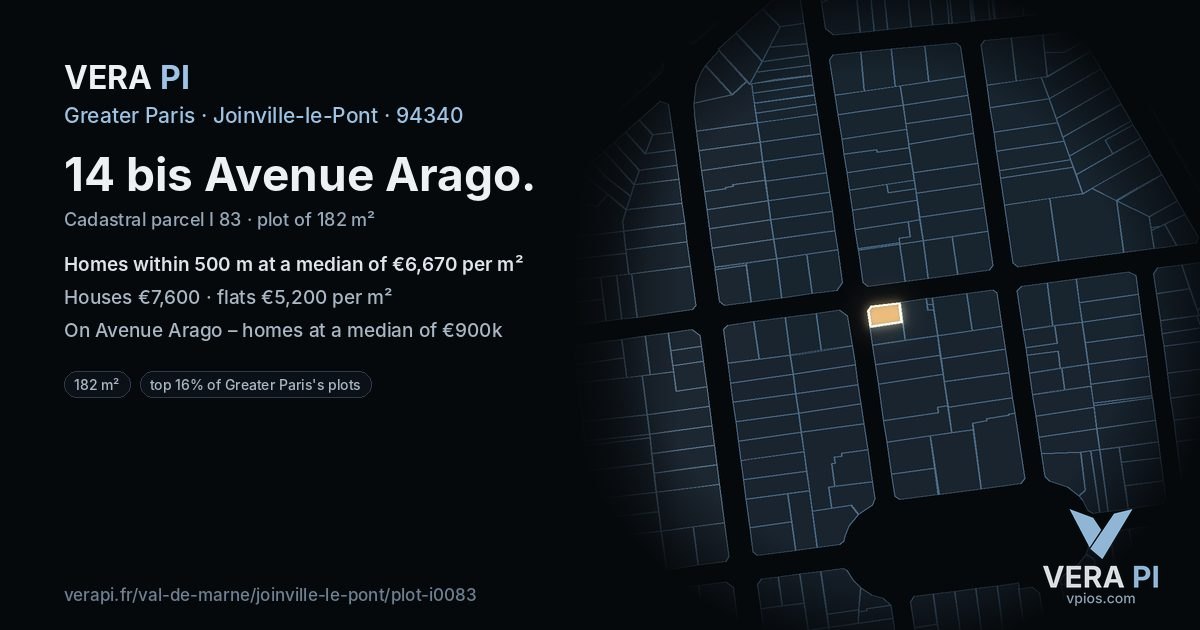 14 bis Avenue Arago, Joinville-le-Pont at night – the plot lit, the parcels around coloured by the prices near them