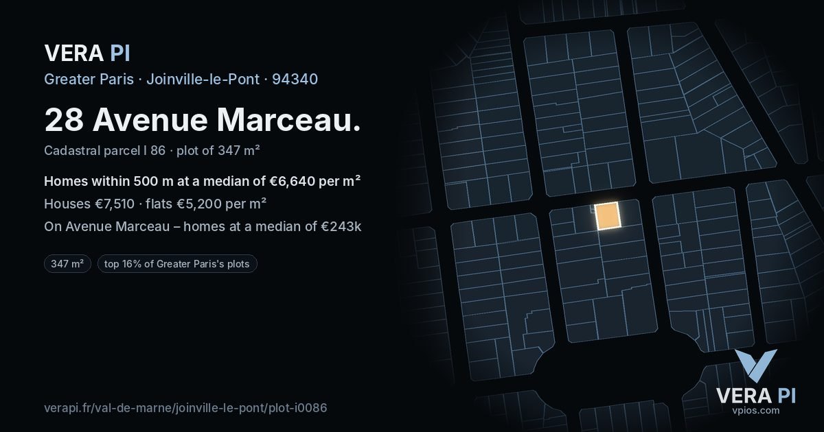 28 Avenue Marceau, Joinville-le-Pont at night – the plot lit, the parcels around coloured by the prices near them