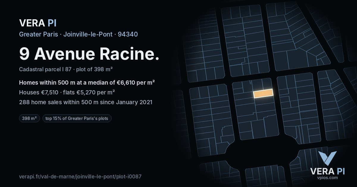 9 Avenue Racine, Joinville-le-Pont at night – the plot lit, the parcels around coloured by the prices near them