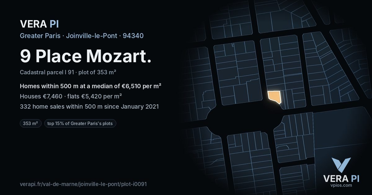9 Place Mozart, Joinville-le-Pont at night – the plot lit, the parcels around coloured by the prices near them