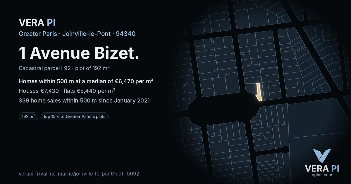 1 Avenue Bizet, Joinville-le-Pont at night – the plot lit, the parcels around coloured by the prices near them