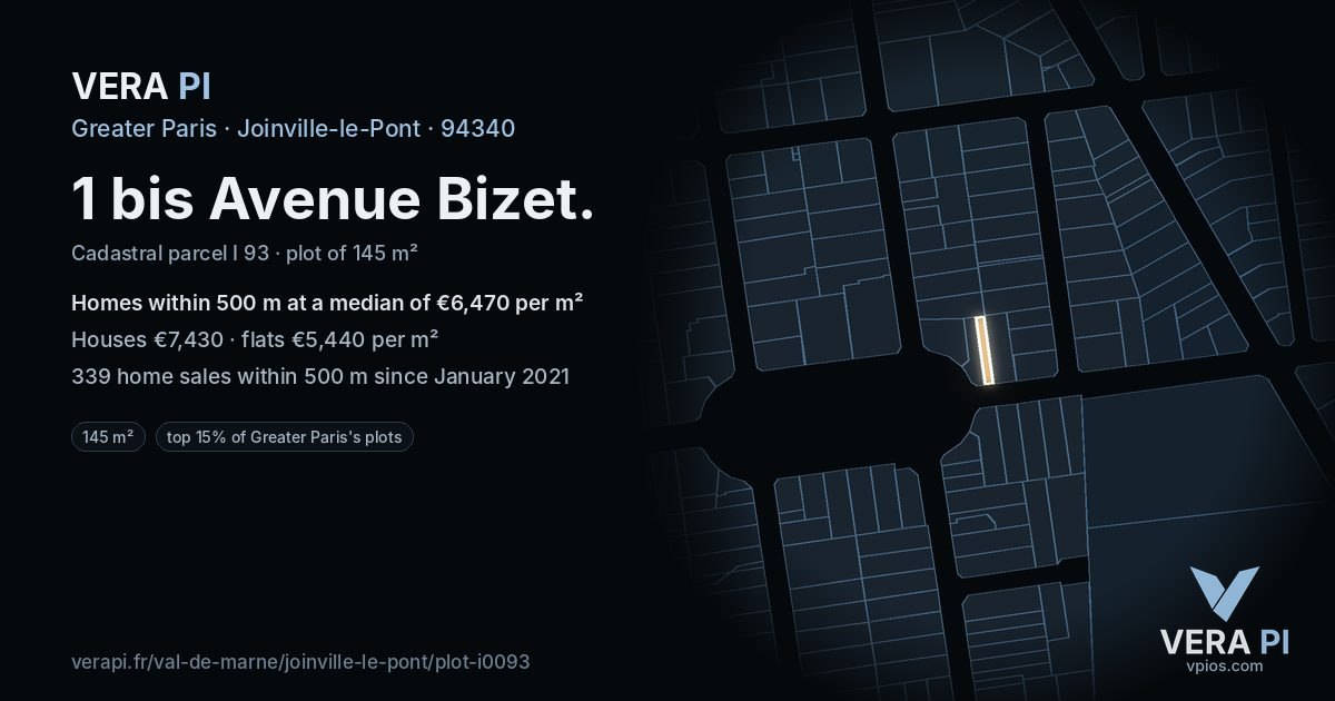 1 bis Avenue Bizet, Joinville-le-Pont at night – the plot lit, the parcels around coloured by the prices near them
