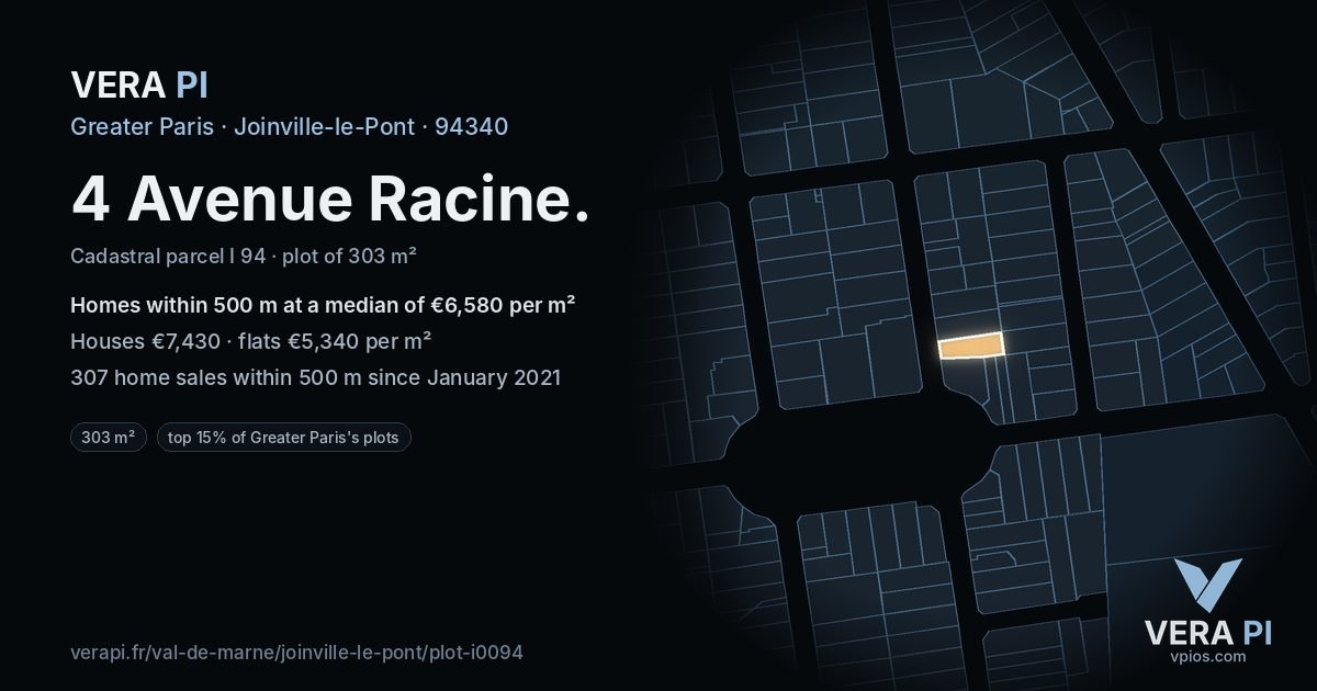 4 Avenue Racine, Joinville-le-Pont at night – the plot lit, the parcels around coloured by the prices near them