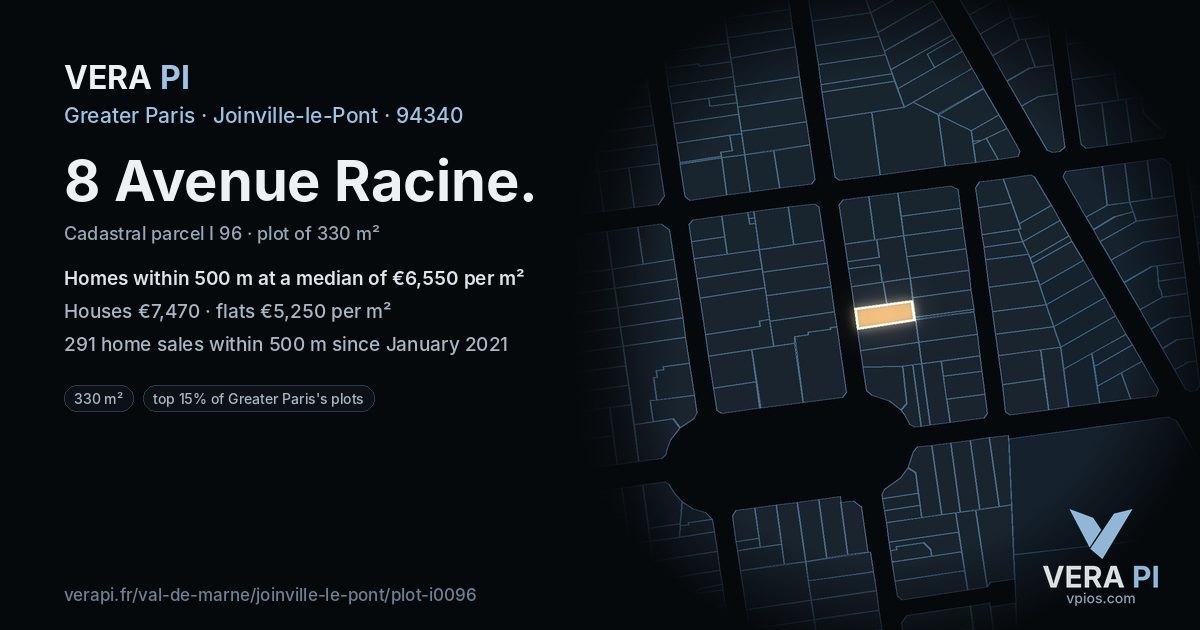 8 Avenue Racine, Joinville-le-Pont at night – the plot lit, the parcels around coloured by the prices near them