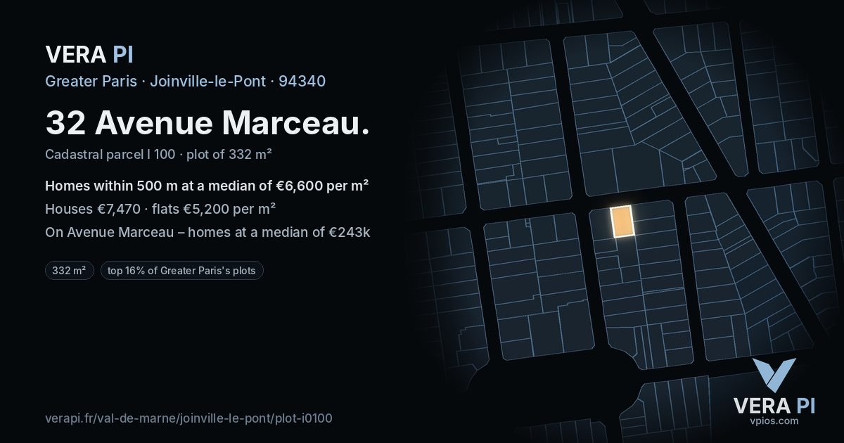 32 Avenue Marceau, Joinville-le-Pont at night – the plot lit, the parcels around coloured by the prices near them