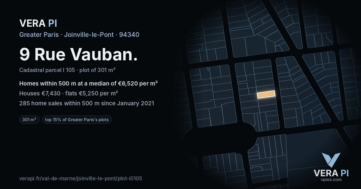 9 Rue Vauban, Joinville-le-Pont at night – the plot lit, the parcels around coloured by the prices near them
