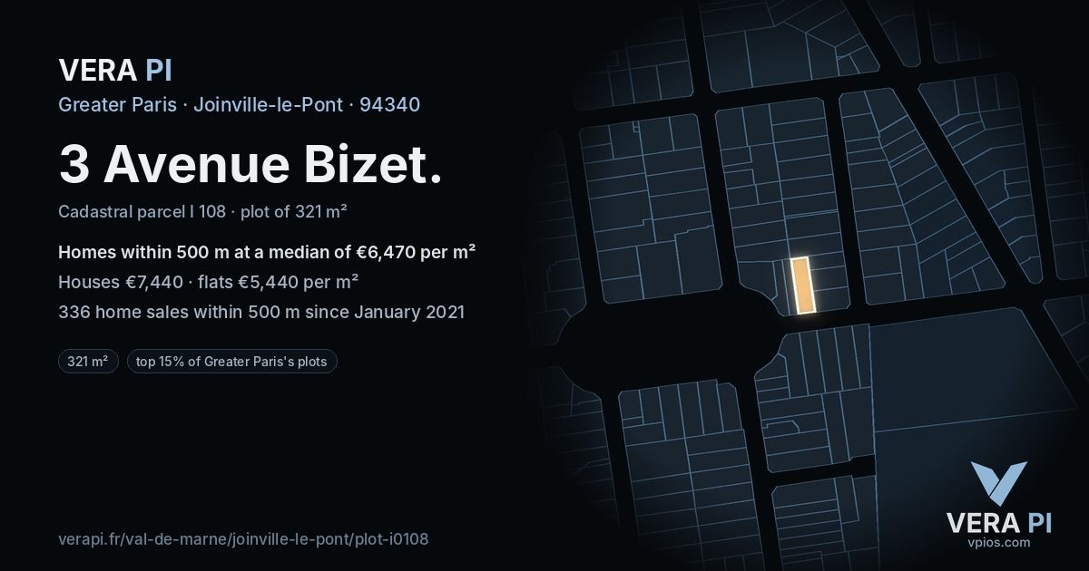3 Avenue Bizet, Joinville-le-Pont at night – the plot lit, the parcels around coloured by the prices near them