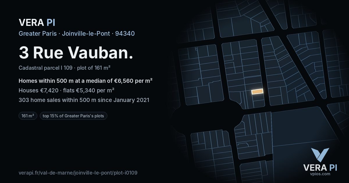 3 Rue Vauban, Joinville-le-Pont at night – the plot lit, the parcels around coloured by the prices near them