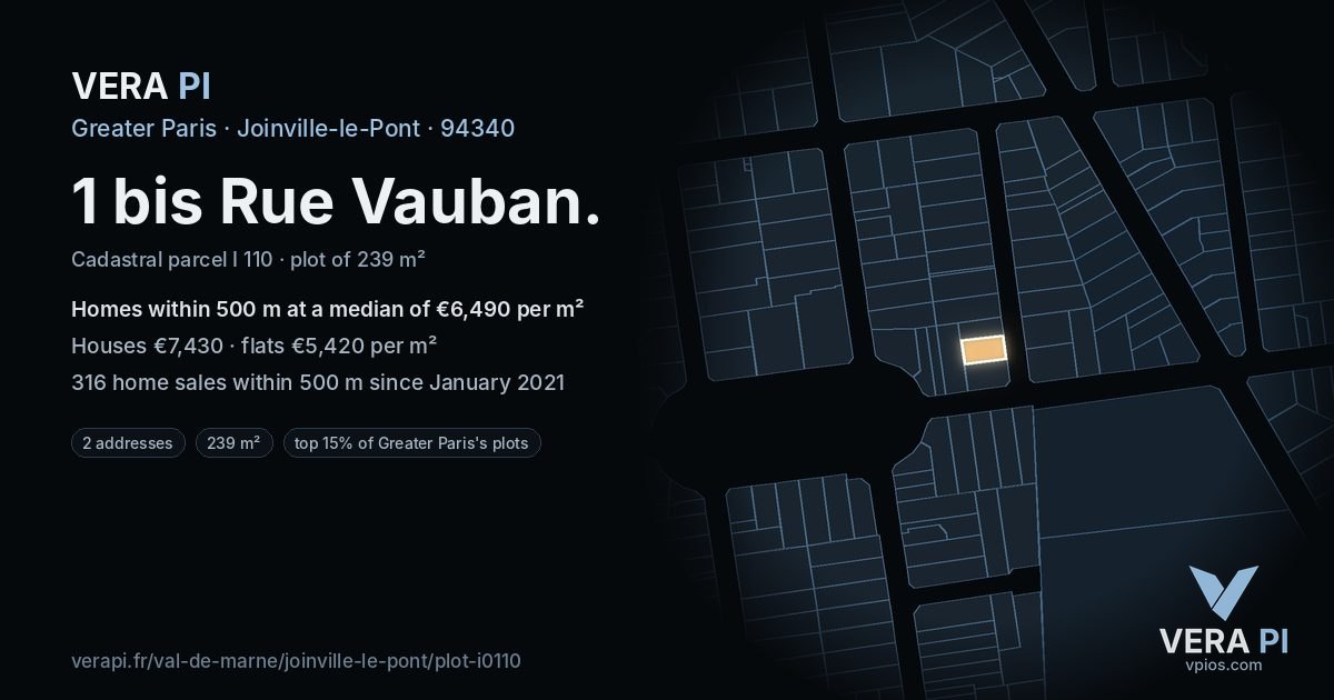 1 bis Rue Vauban, Joinville-le-Pont at night – the plot lit, the parcels around coloured by the prices near them