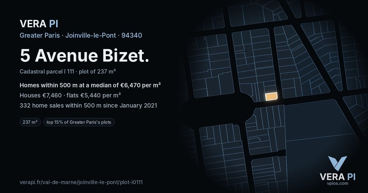 5 Avenue Bizet, Joinville-le-Pont at night – the plot lit, the parcels around coloured by the prices near them
