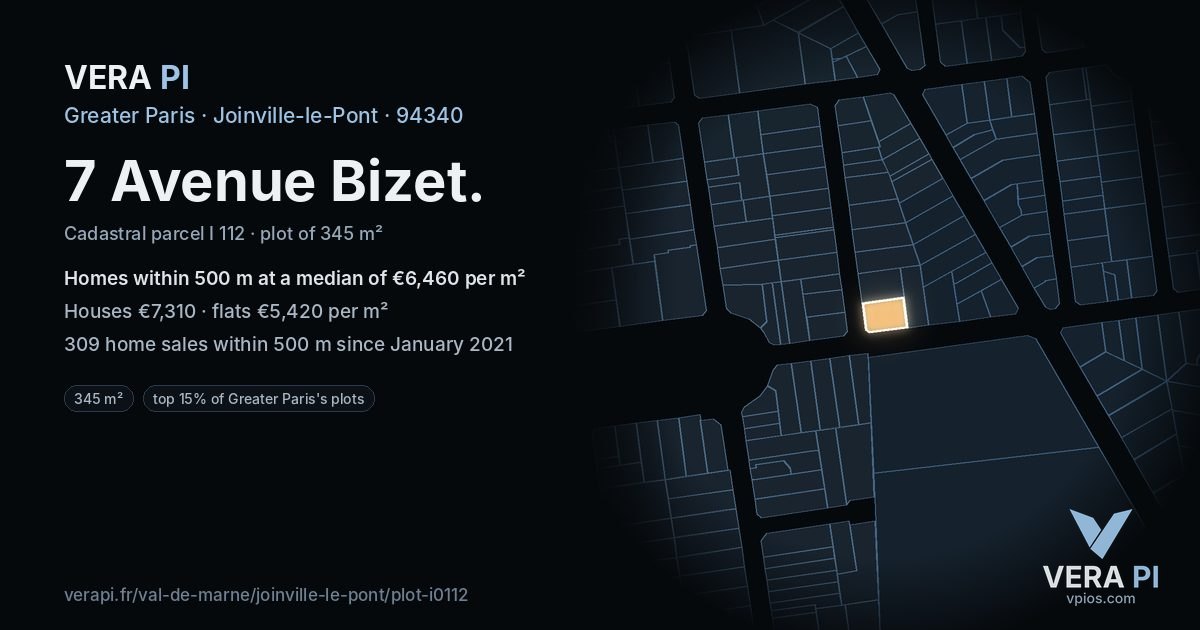 7 Avenue Bizet, Joinville-le-Pont at night – the plot lit, the parcels around coloured by the prices near them