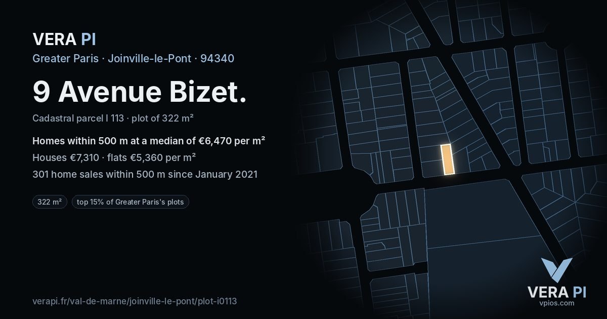 9 Avenue Bizet, Joinville-le-Pont at night – the plot lit, the parcels around coloured by the prices near them