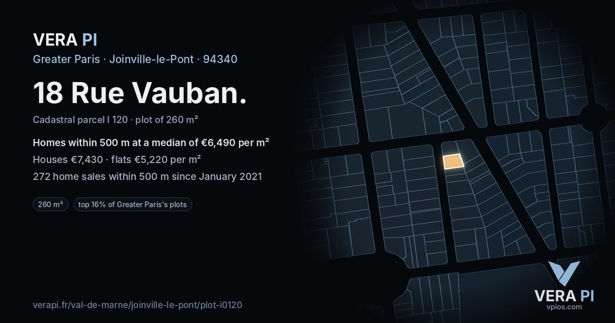 18 Rue Vauban, Joinville-le-Pont at night – the plot lit, the parcels around coloured by the prices near them