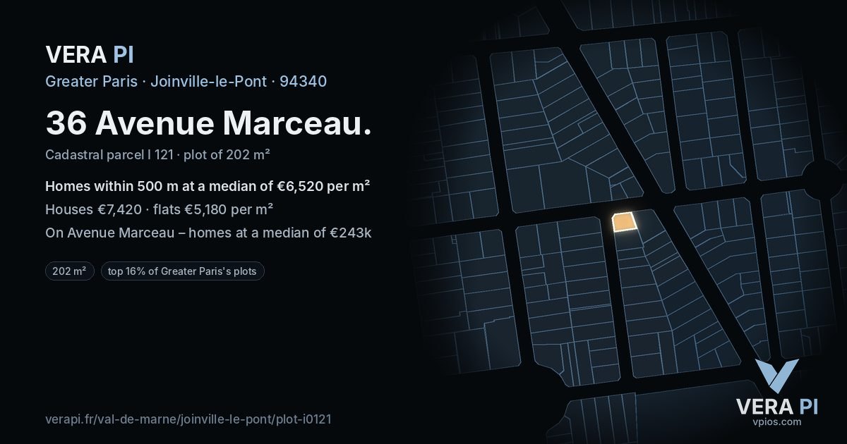 36 Avenue Marceau, Joinville-le-Pont at night – the plot lit, the parcels around coloured by the prices near them