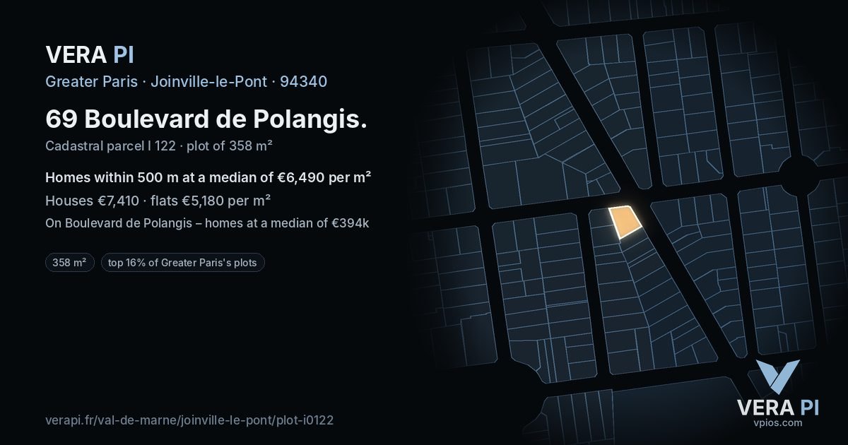 69 Boulevard de Polangis, Joinville-le-Pont at night – the plot lit, the parcels around coloured by the prices near them