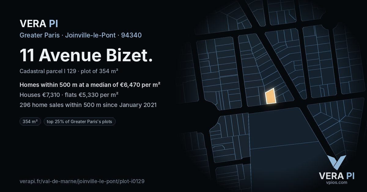 11 Avenue Bizet, Joinville-le-Pont at night – the plot lit, the parcels around coloured by the prices near them