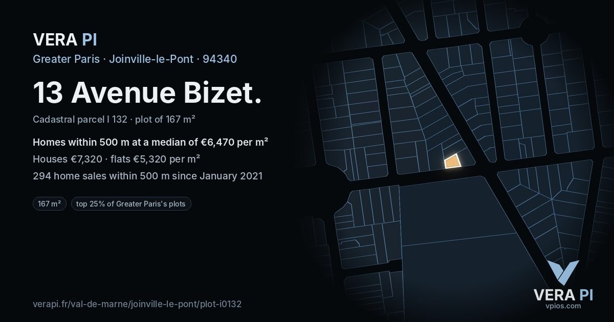 13 Avenue Bizet, Joinville-le-Pont at night – the plot lit, the parcels around coloured by the prices near them