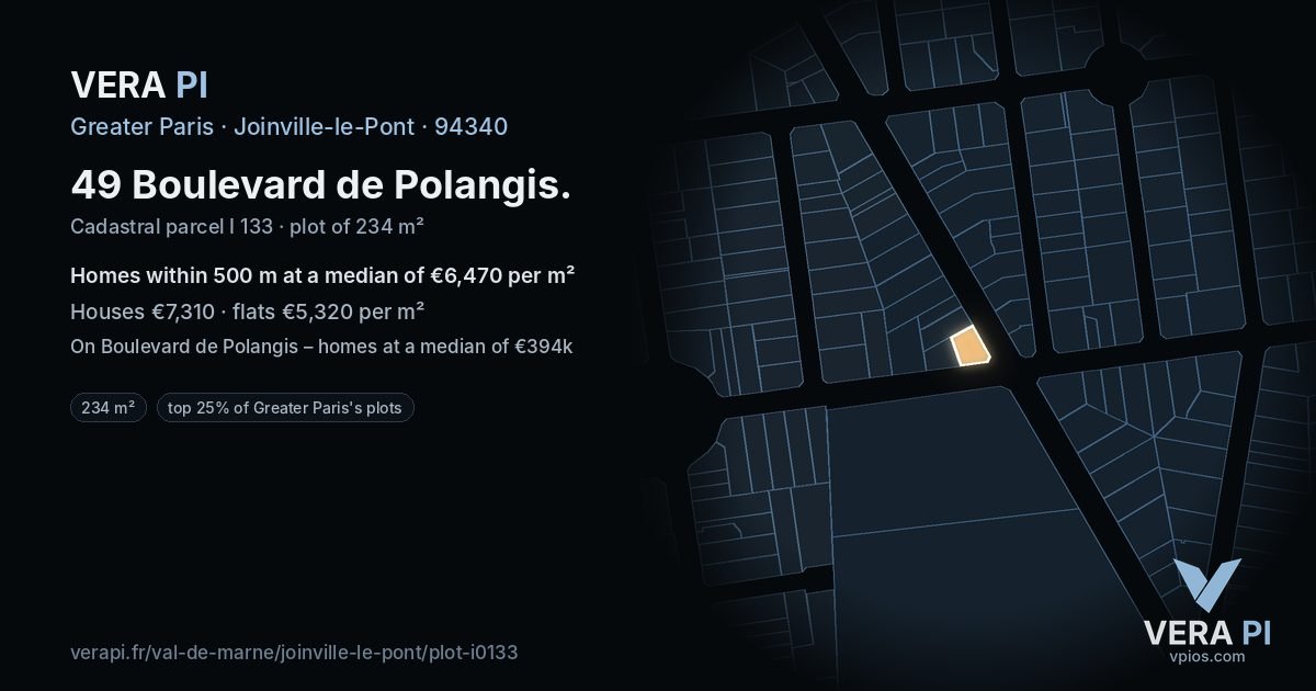 49 Boulevard de Polangis, Joinville-le-Pont at night – the plot lit, the parcels around coloured by the prices near them