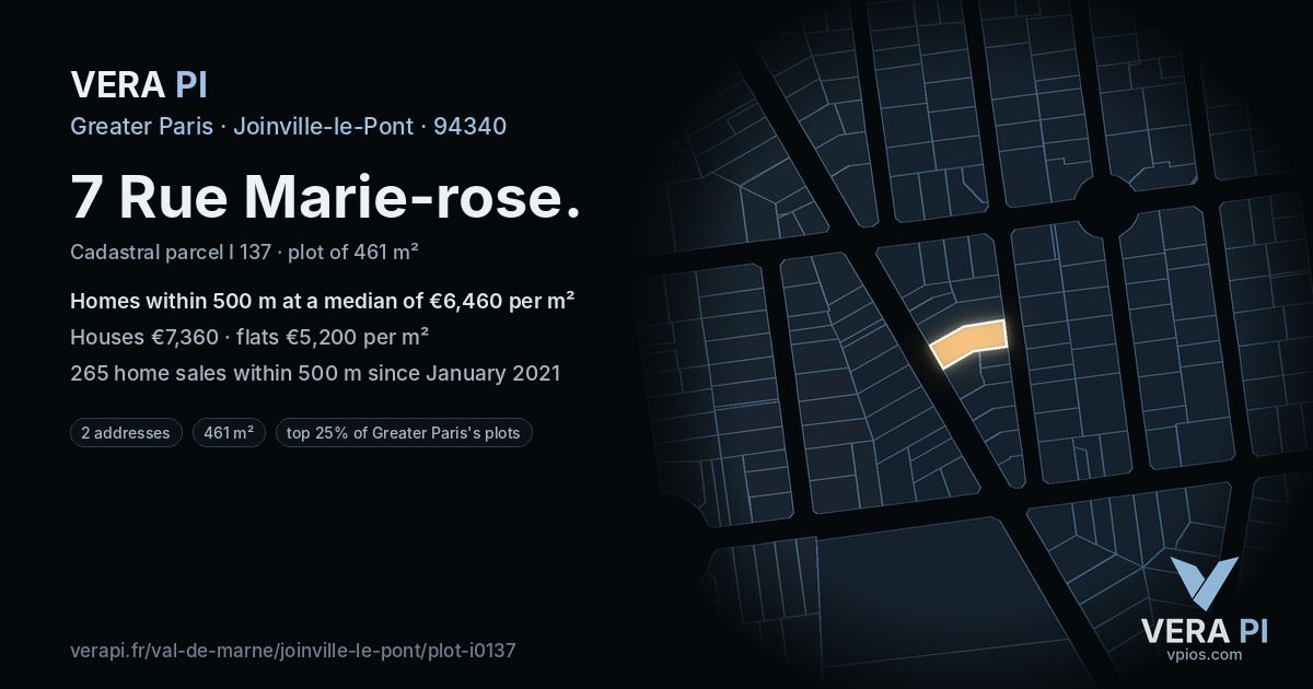 7 Rue Marie-rose, Joinville-le-Pont at night – the plot lit, the parcels around coloured by the prices near them
