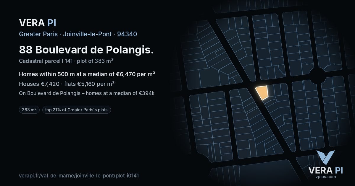 88 Boulevard de Polangis, Joinville-le-Pont at night – the plot lit, the parcels around coloured by the prices near them