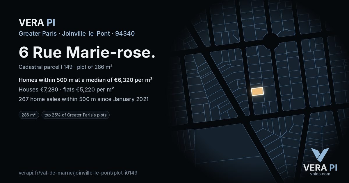 6 Rue Marie-rose, Joinville-le-Pont at night – the plot lit, the parcels around coloured by the prices near them