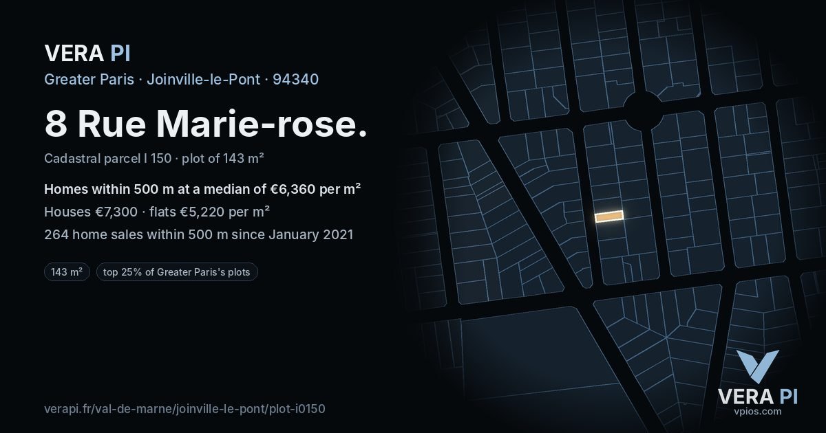 8 Rue Marie-rose, Joinville-le-Pont at night – the plot lit, the parcels around coloured by the prices near them