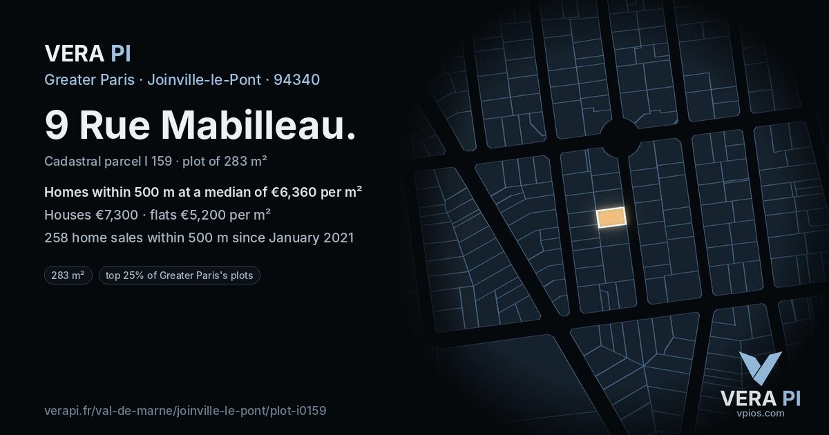 9 Rue Mabilleau, Joinville-le-Pont at night – the plot lit, the parcels around coloured by the prices near them