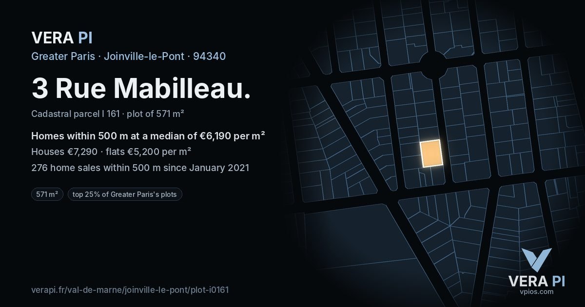 3 Rue Mabilleau, Joinville-le-Pont at night – the plot lit, the parcels around coloured by the prices near them