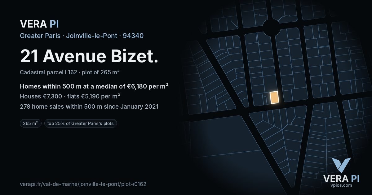 21 Avenue Bizet, Joinville-le-Pont at night – the plot lit, the parcels around coloured by the prices near them