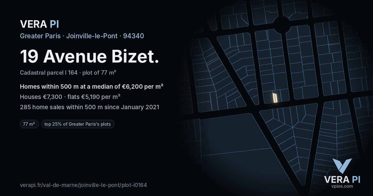 19 Avenue Bizet, Joinville-le-Pont at night – the plot lit, the parcels around coloured by the prices near them