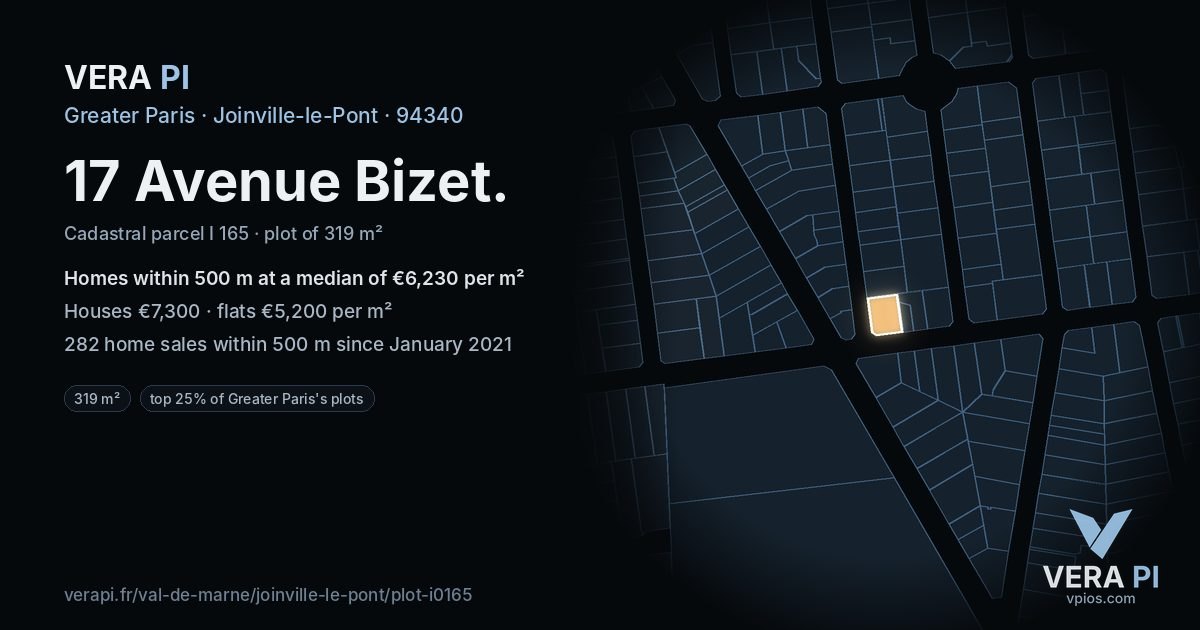 17 Avenue Bizet, Joinville-le-Pont at night – the plot lit, the parcels around coloured by the prices near them