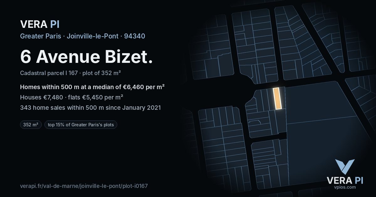 6 Avenue Bizet, Joinville-le-Pont at night – the plot lit, the parcels around coloured by the prices near them