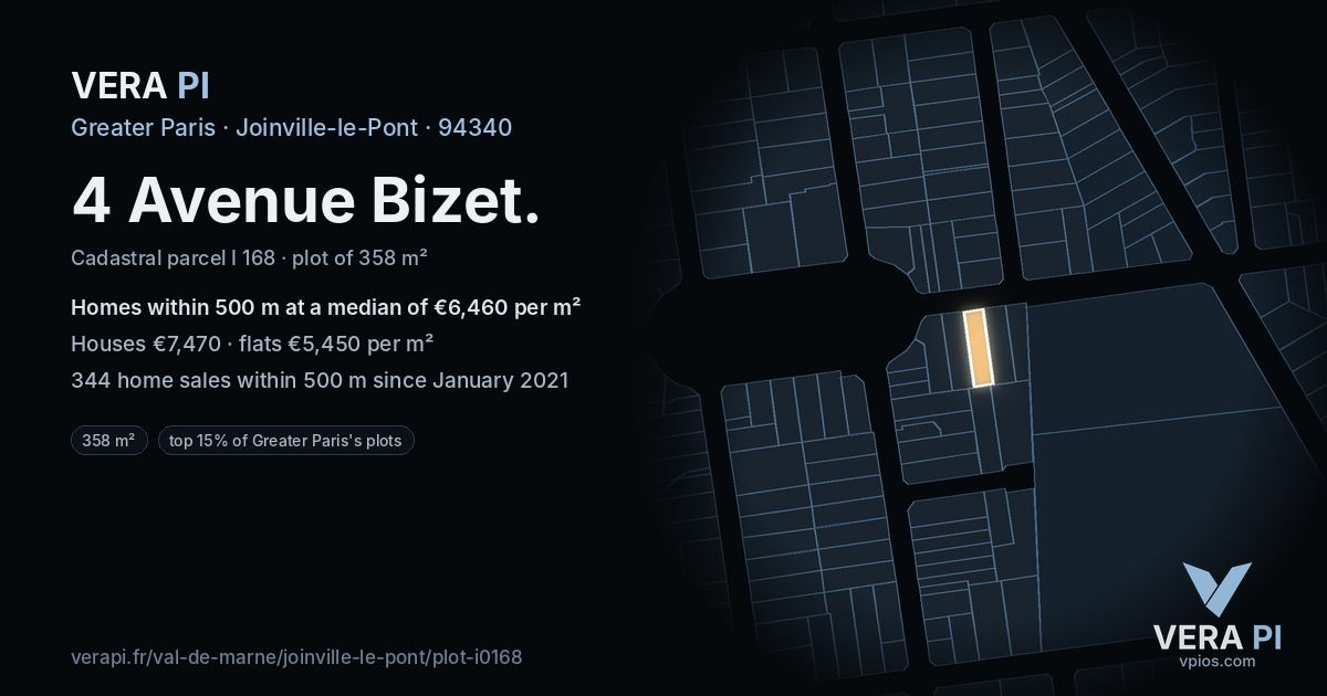 4 Avenue Bizet, Joinville-le-Pont at night – the plot lit, the parcels around coloured by the prices near them