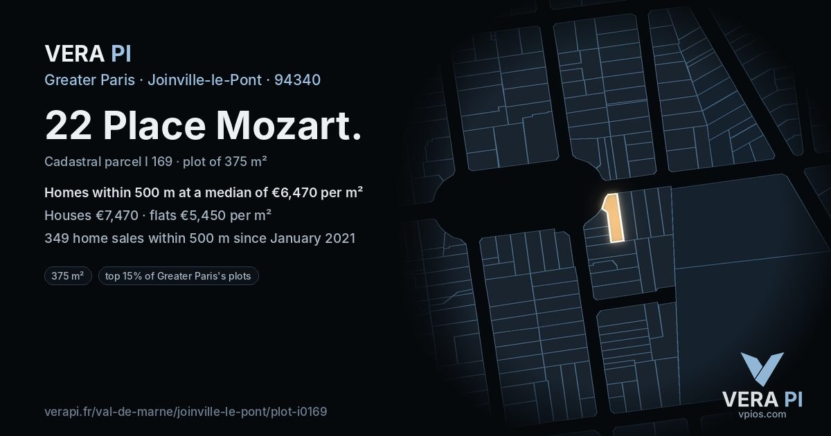 22 Place Mozart, Joinville-le-Pont at night – the plot lit, the parcels around coloured by the prices near them
