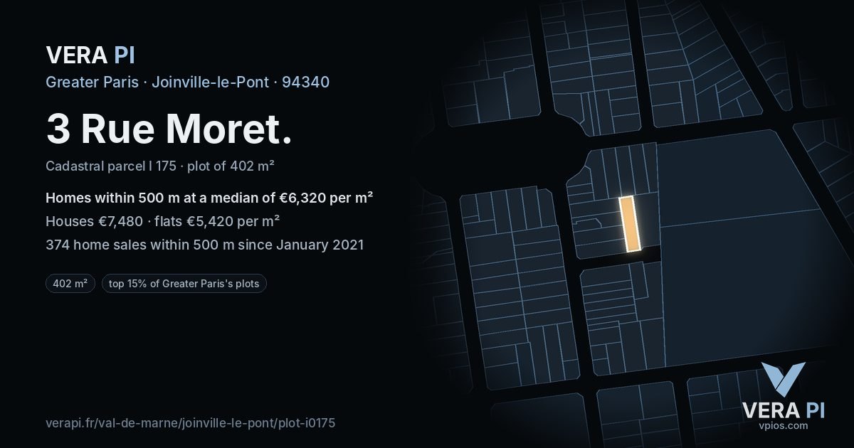 3 Rue Moret, Joinville-le-Pont at night – the plot lit, the parcels around coloured by the prices near them
